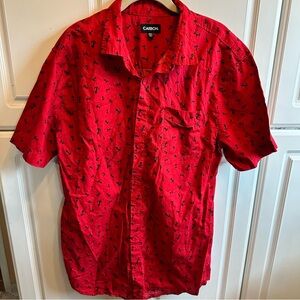 Carbon Red Short Sleeve Button-Down Shirt with Black Print
